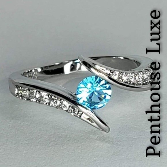 Aquamarine White Sapphire Silver Bypass Swirl Ring - Picture 4 of 5